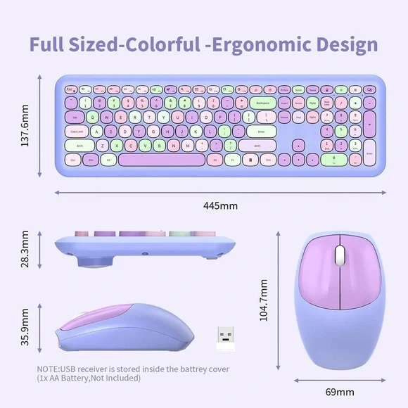 Ergonomic Purple and Pink Wireless Keyboard and Mouse Set - Picture 2 of 5